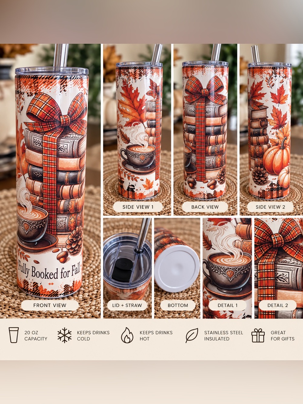 Fully Booked for Fall Insulated Tumbler - Autumn Orange Plaid